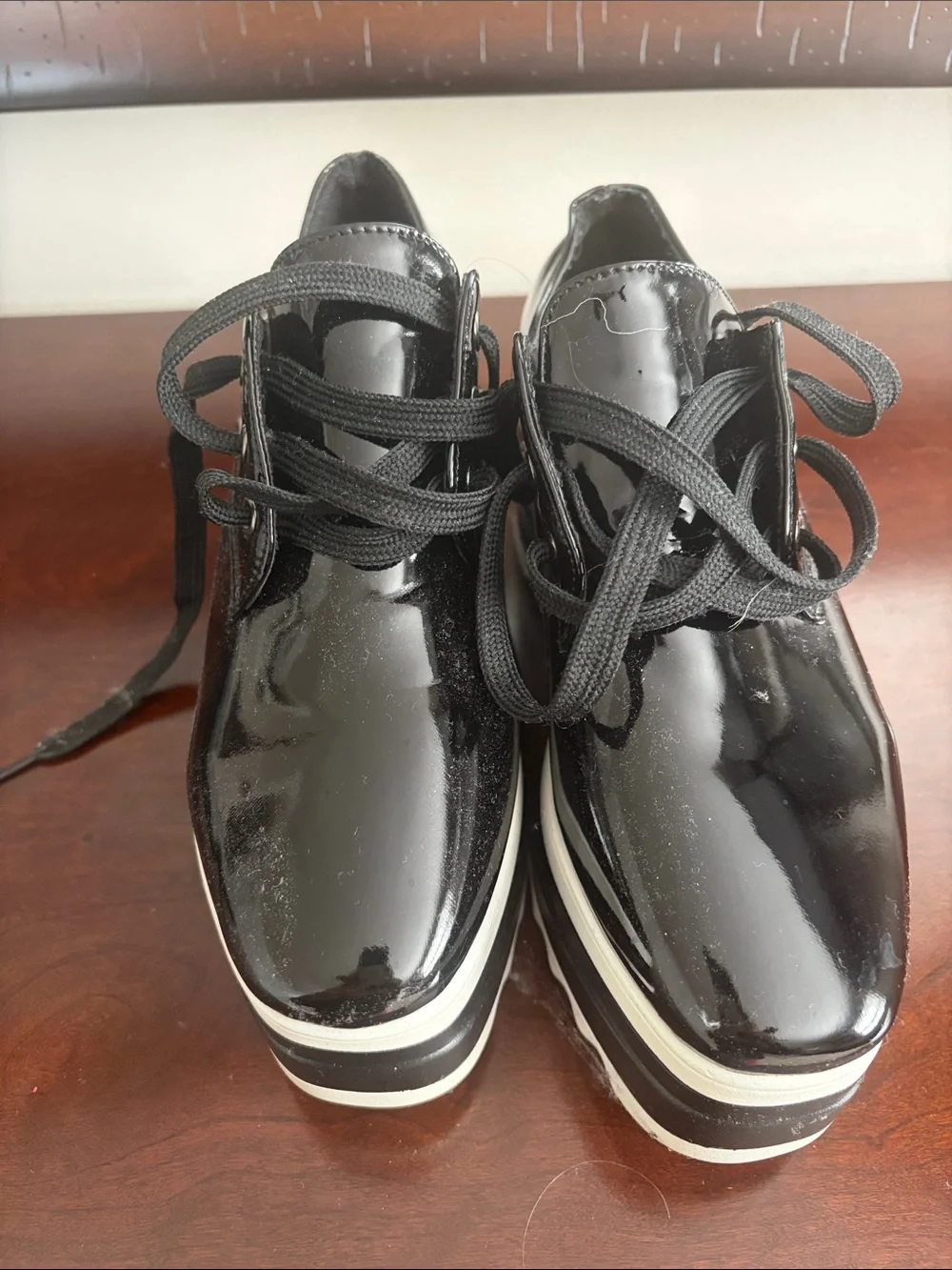 Women's Black Patent Platform Lace-Up Shoes with White-Trim Sole
